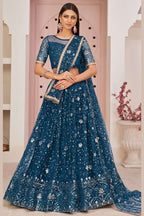 Navy Blue Net Lehenga Choli For Indian & Pakistani Wedding Festival - Zari Work, Sequins & Thread Embroidery Work