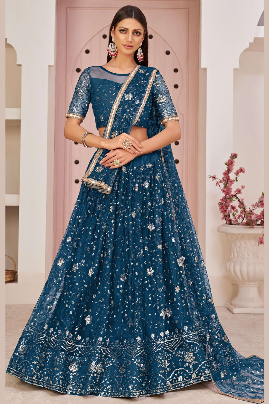 Navy Blue Net Lehenga Choli For Indian & Pakistani Wedding Festival - Zari Work, Sequins & Thread Embroidery Work