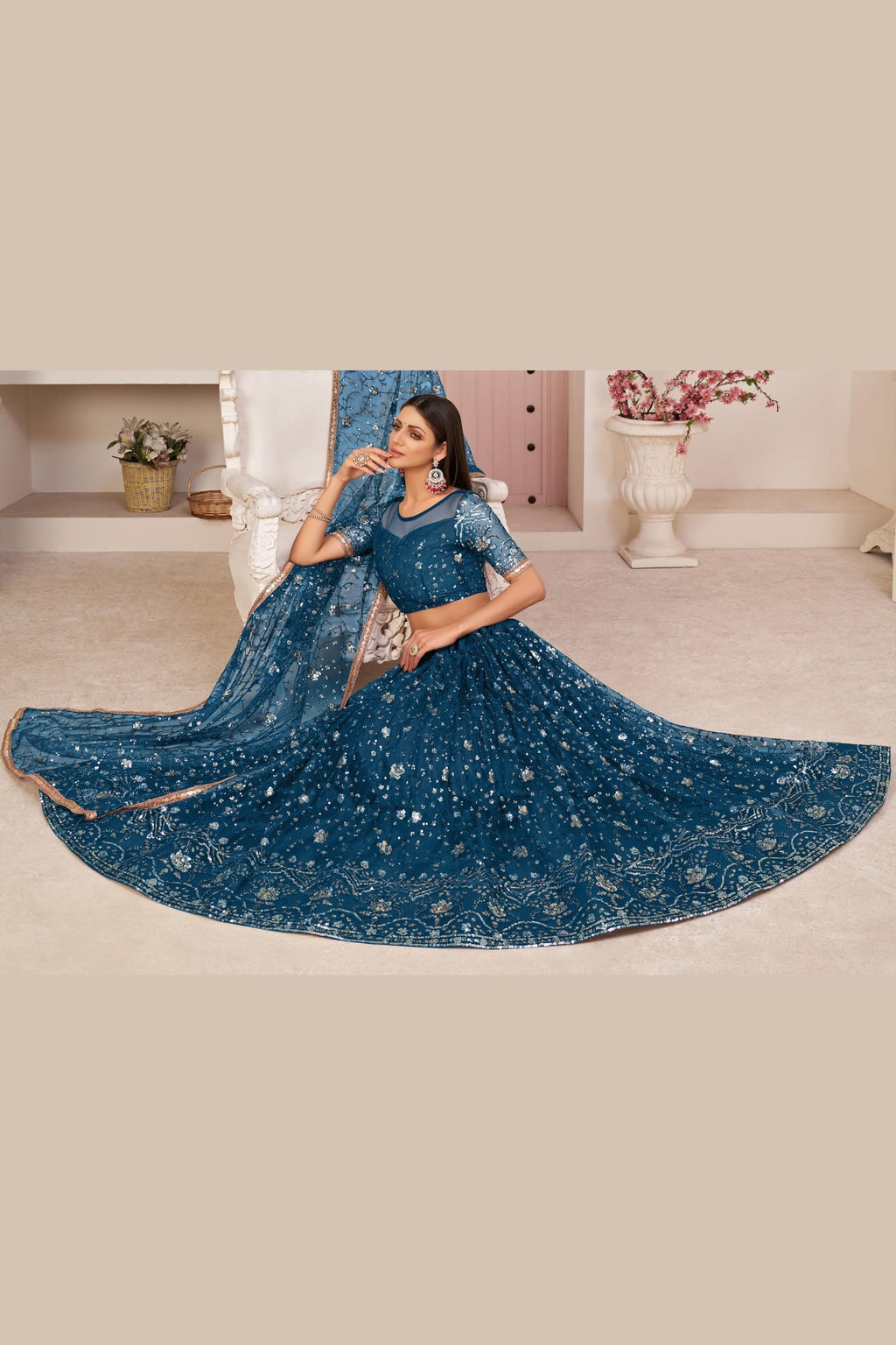 Navy Blue Net Lehenga Choli For Indian & Pakistani Wedding Festival - Zari Work, Sequins & Thread Embroidery Work