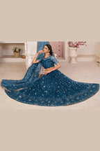 Navy Blue Net Lehenga Choli For Indian & Pakistani Wedding Festival - Zari Work, Sequins & Thread Embroidery Work