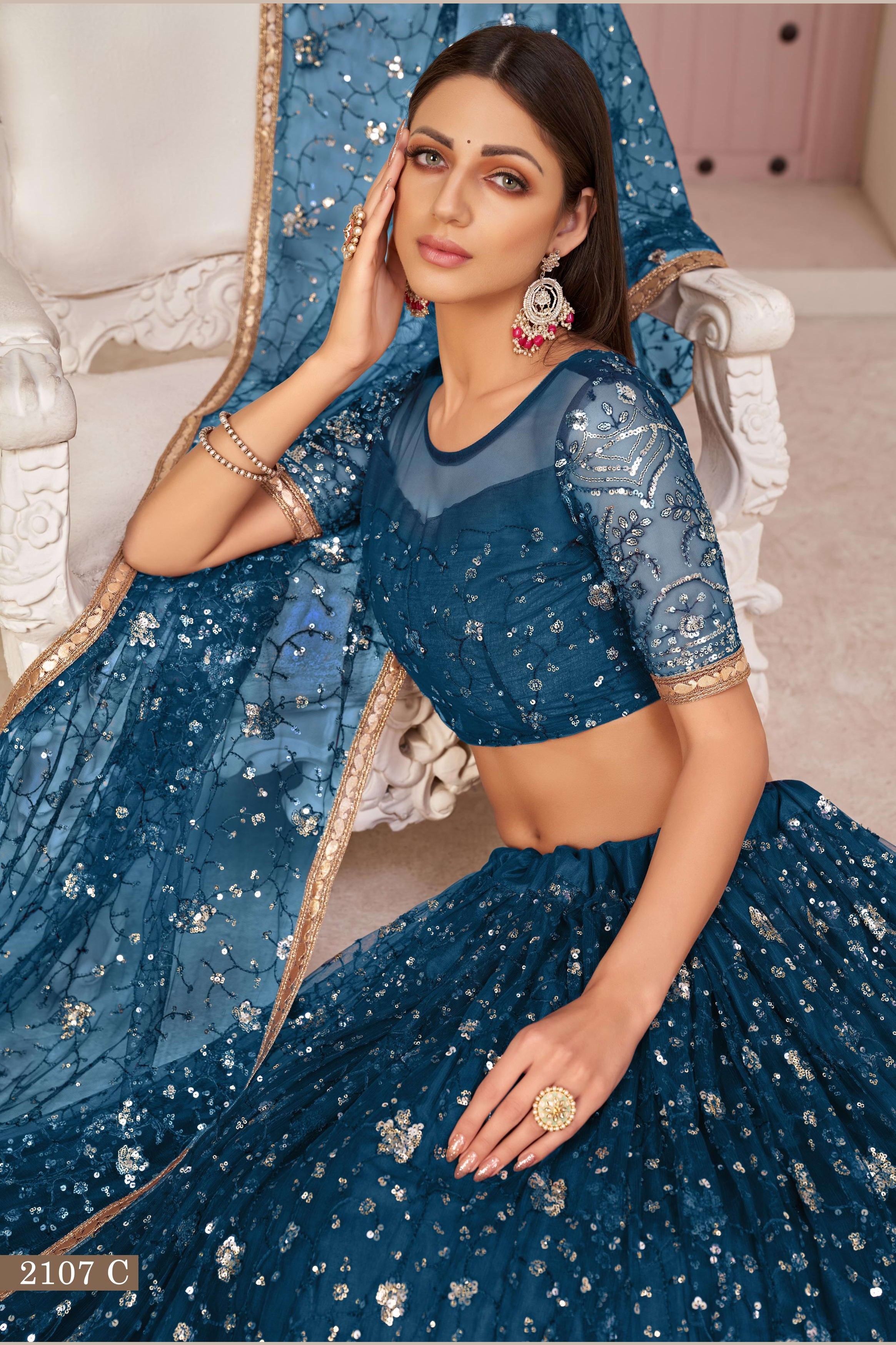 Navy Blue Net Lehenga Choli For Indian & Pakistani Wedding Festival - Zari Work, Sequins & Thread Embroidery Work
