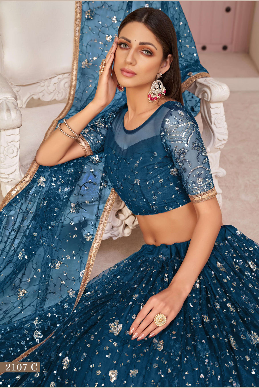 Navy Blue Net Lehenga Choli For Indian & Pakistani Wedding Festival - Zari Work, Sequins & Thread Embroidery Work
