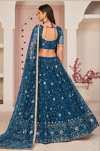 Navy Blue Net Lehenga Choli For Indian & Pakistani Wedding Festival - Zari Work, Sequins & Thread Embroidery Work