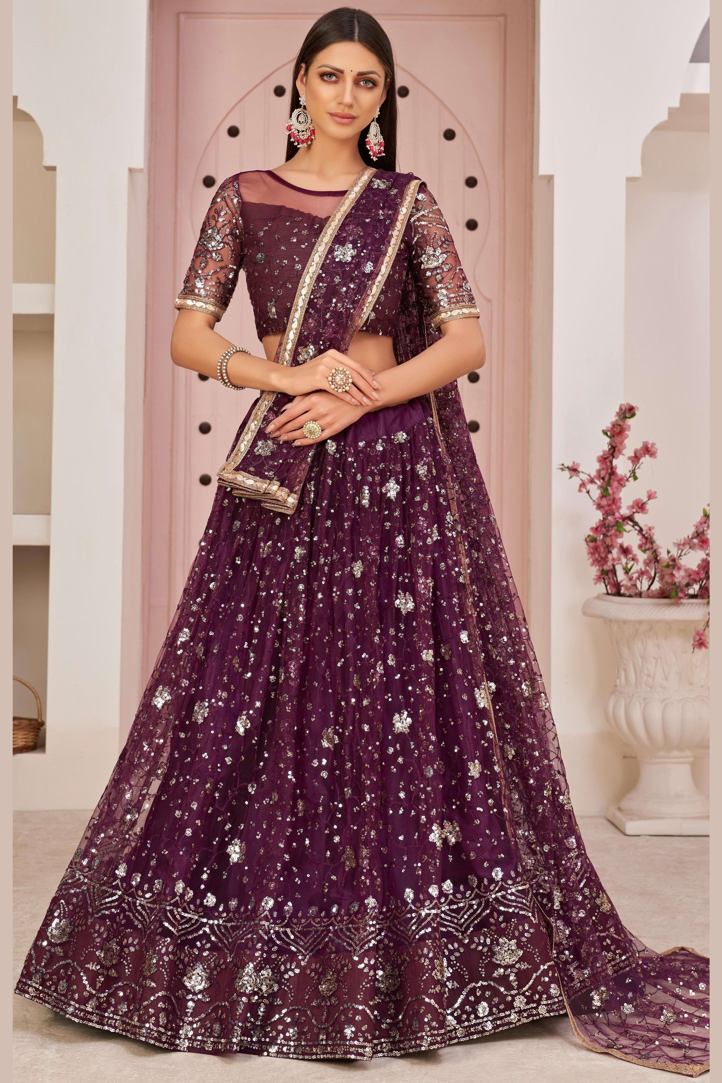 Maroon Net Lehenga Choli For Indian & Pakistani Wedding Festival - Zari Work, Sequins & Thread Embroidery Work