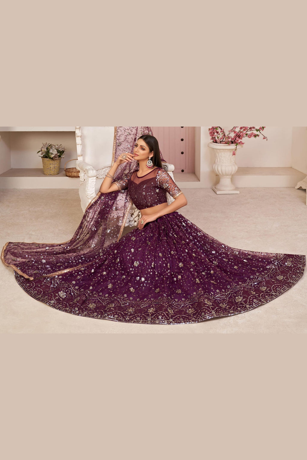 Maroon Net Lehenga Choli For Indian & Pakistani Wedding Festival - Zari Work, Sequins & Thread Embroidery Work
