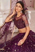 Maroon Net Lehenga Choli For Indian & Pakistani Wedding Festival - Zari Work, Sequins & Thread Embroidery Work