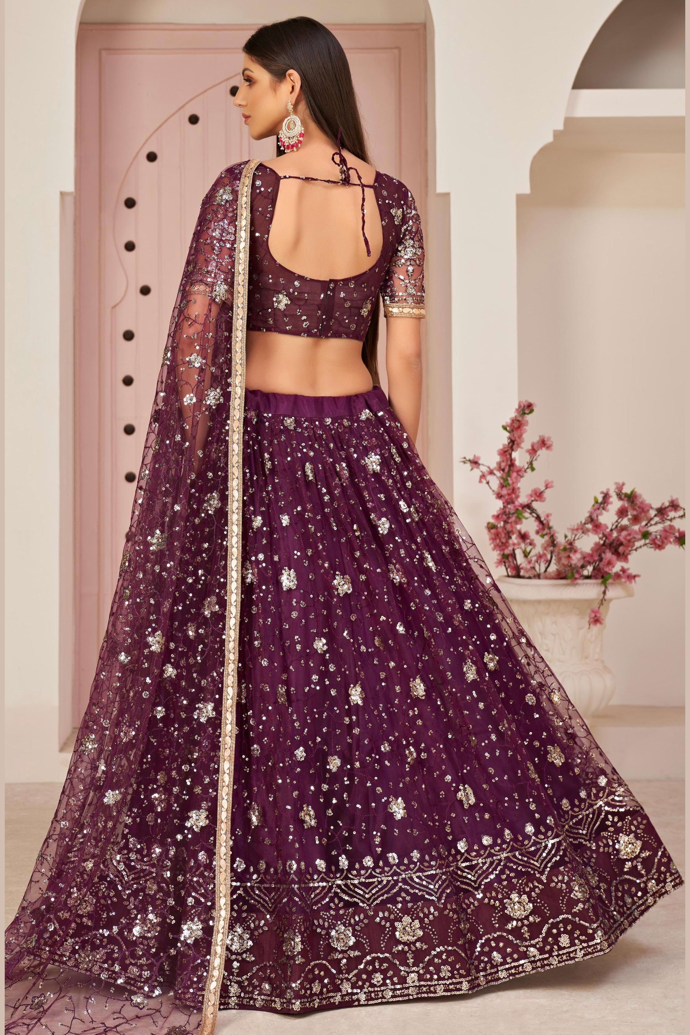 Maroon Net Lehenga Choli For Indian & Pakistani Wedding Festival - Zari Work, Sequins & Thread Embroidery Work