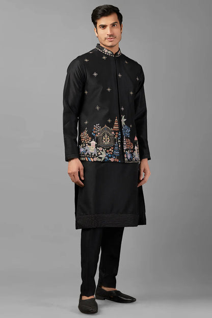 Black Polyester Silk Men's Wedding Suit Waistcoat, Kurta with Pant - Embroidery Work