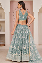 Pastel Teal Net Lehenga Choli For Indian & Pakistani Wedding Festival - Thread & Sequence Embroidery Work, Zari Work