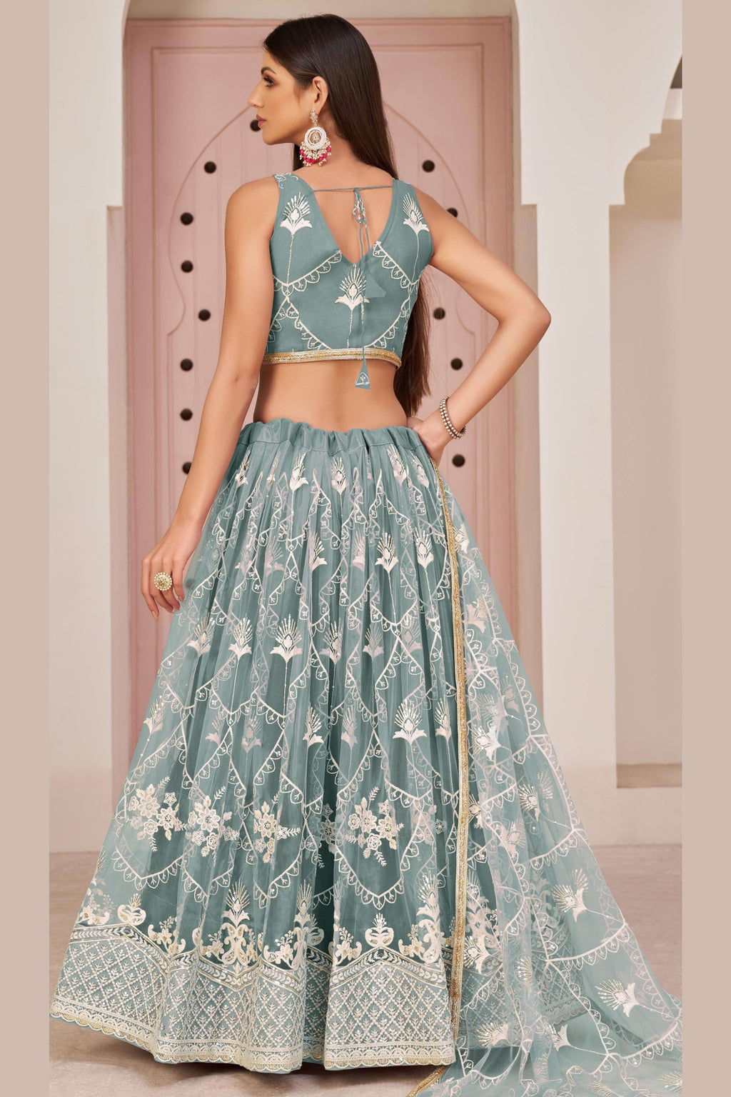 Grayish Blue Net Lehenga Choli For Indian & Pakistani Wedding Festival - Thread & Sequence Embroidery Work, Zari Work
