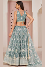 Grayish Blue Net Lehenga Choli For Indian & Pakistani Wedding Festival - Thread & Sequence Embroidery Work, Zari Work