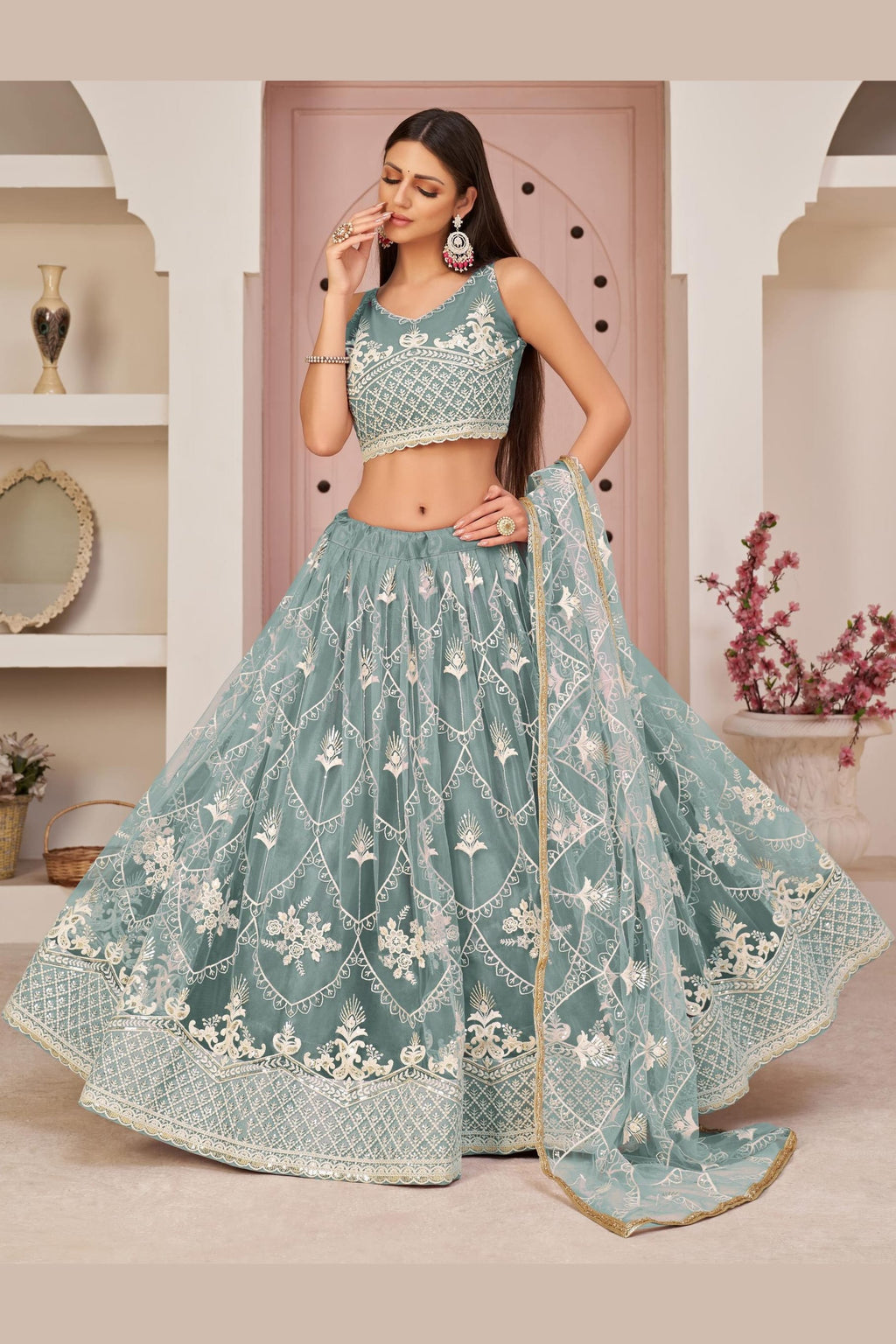 Grayish Blue Net Lehenga Choli For Indian & Pakistani Wedding Festival - Thread & Sequence Embroidery Work, Zari Work