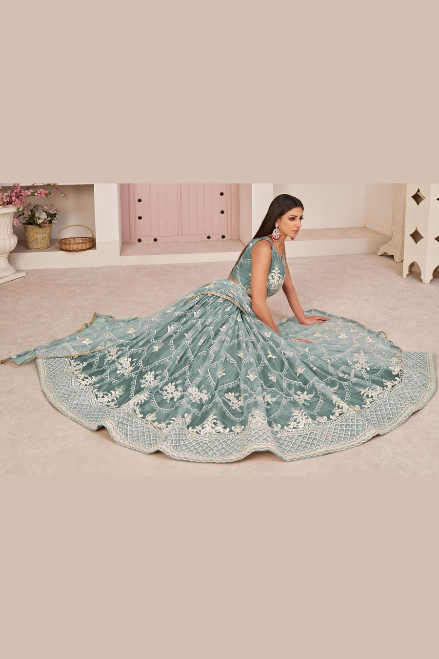 Grayish Blue Net Lehenga Choli For Indian & Pakistani Wedding Festival - Thread & Sequence Embroidery Work, Zari Work