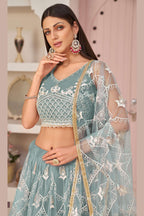 Grayish Blue Net Lehenga Choli For Indian & Pakistani Wedding Festival - Thread & Sequence Embroidery Work, Zari Work