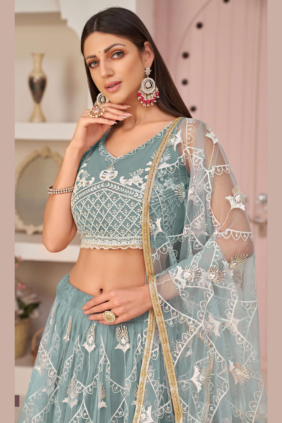 Grayish Blue Net Lehenga Choli For Indian & Pakistani Wedding Festival - Thread & Sequence Embroidery Work, Zari Work