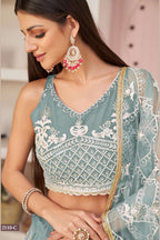 Grayish Blue Net Lehenga Choli For Indian & Pakistani Wedding Festival - Thread & Sequence Embroidery Work, Zari Work