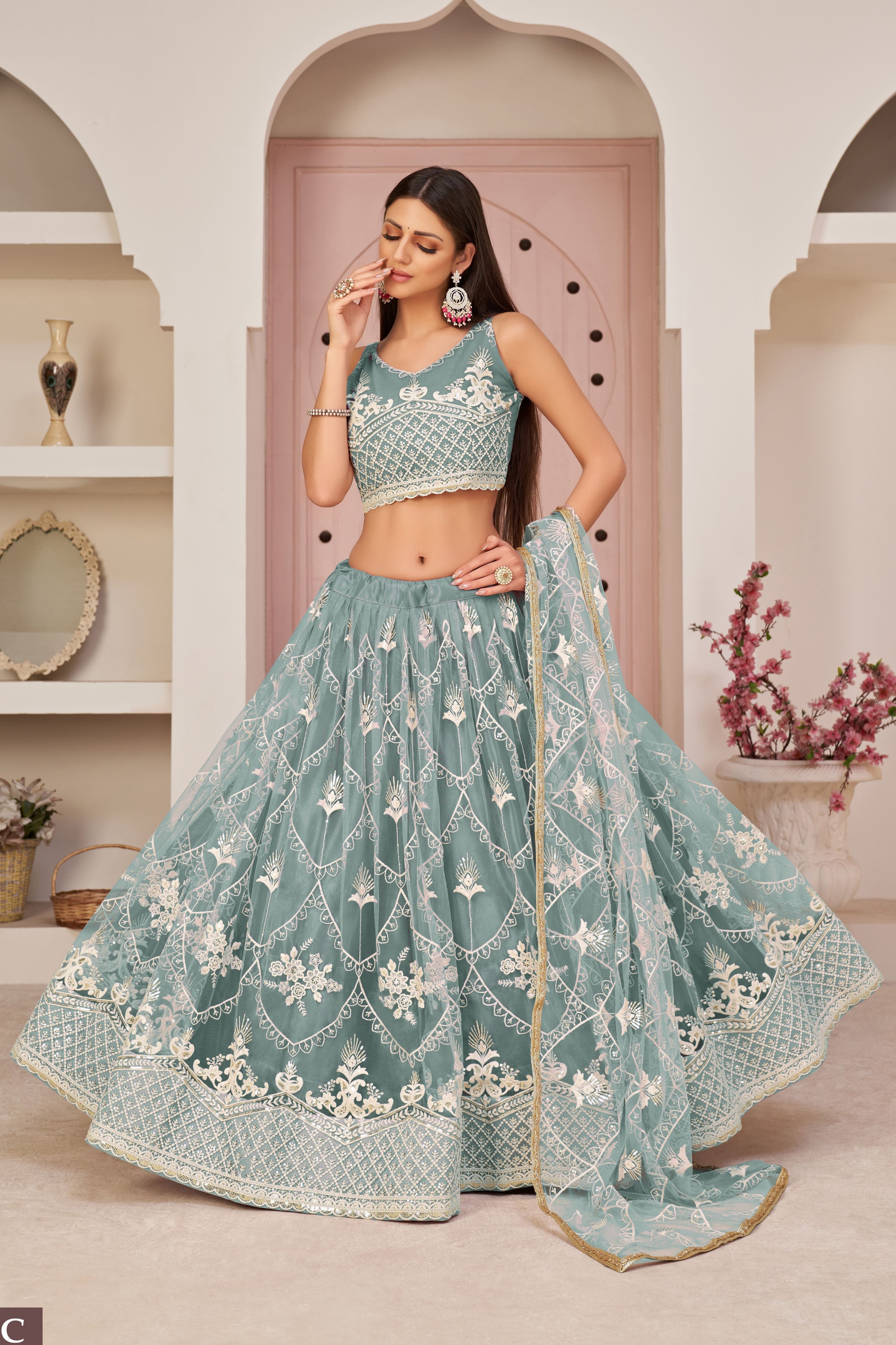 Pastel Teal Net Lehenga Choli For Indian & Pakistani Wedding Festival - Thread & Sequence Embroidery Work, Zari Work