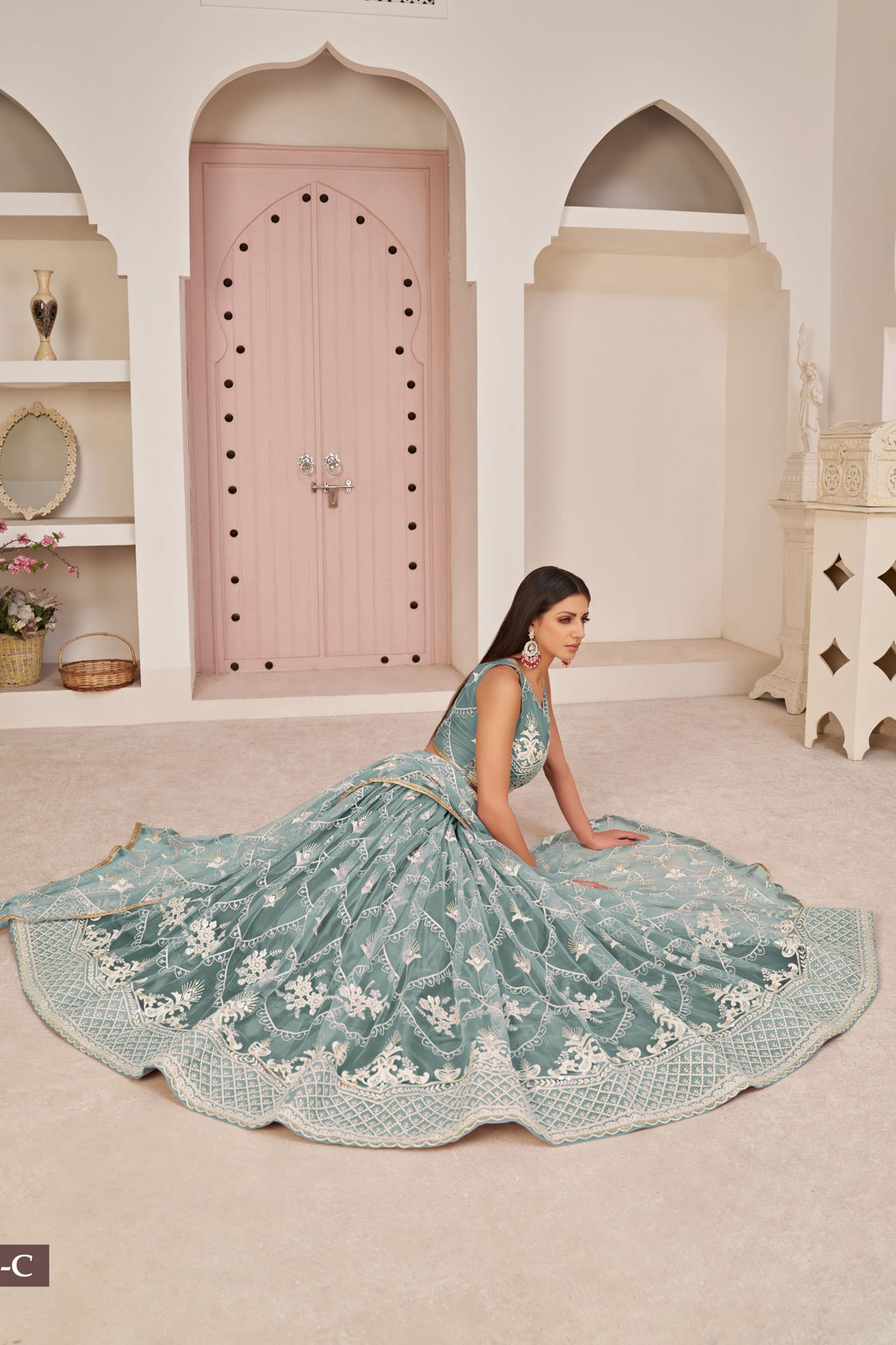 Pastel Teal Net Lehenga Choli For Indian & Pakistani Wedding Festival - Thread & Sequence Embroidery Work, Zari Work