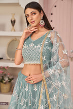 Pastel Teal Net Lehenga Choli For Indian & Pakistani Wedding Festival - Thread & Sequence Embroidery Work, Zari Work