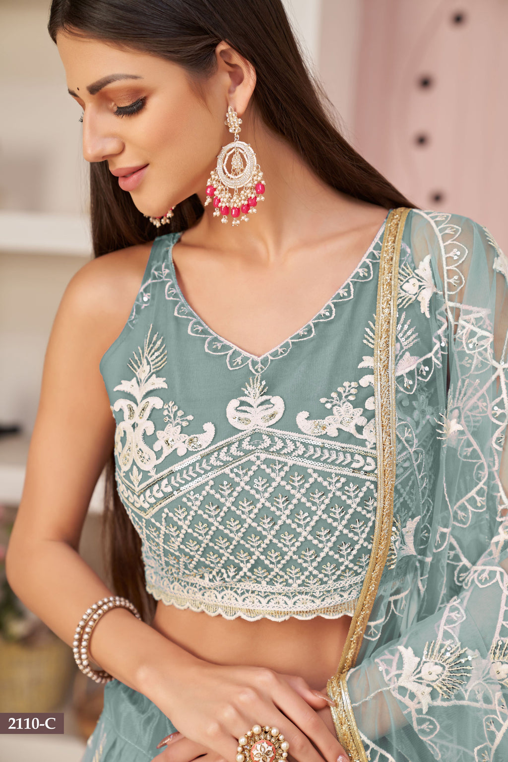 Pastel Teal Net Lehenga Choli For Indian & Pakistani Wedding Festival - Thread & Sequence Embroidery Work, Zari Work