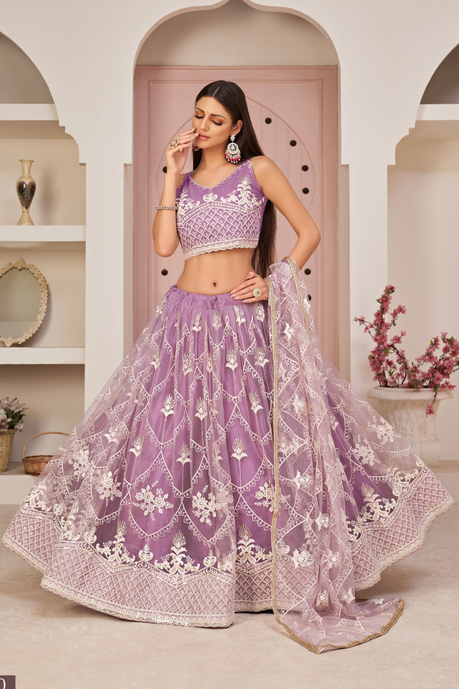 Purple Net Lehenga Choli For Indian & Pakistani Wedding Festival - Thread & Sequence Embroidery Work, Zari Work