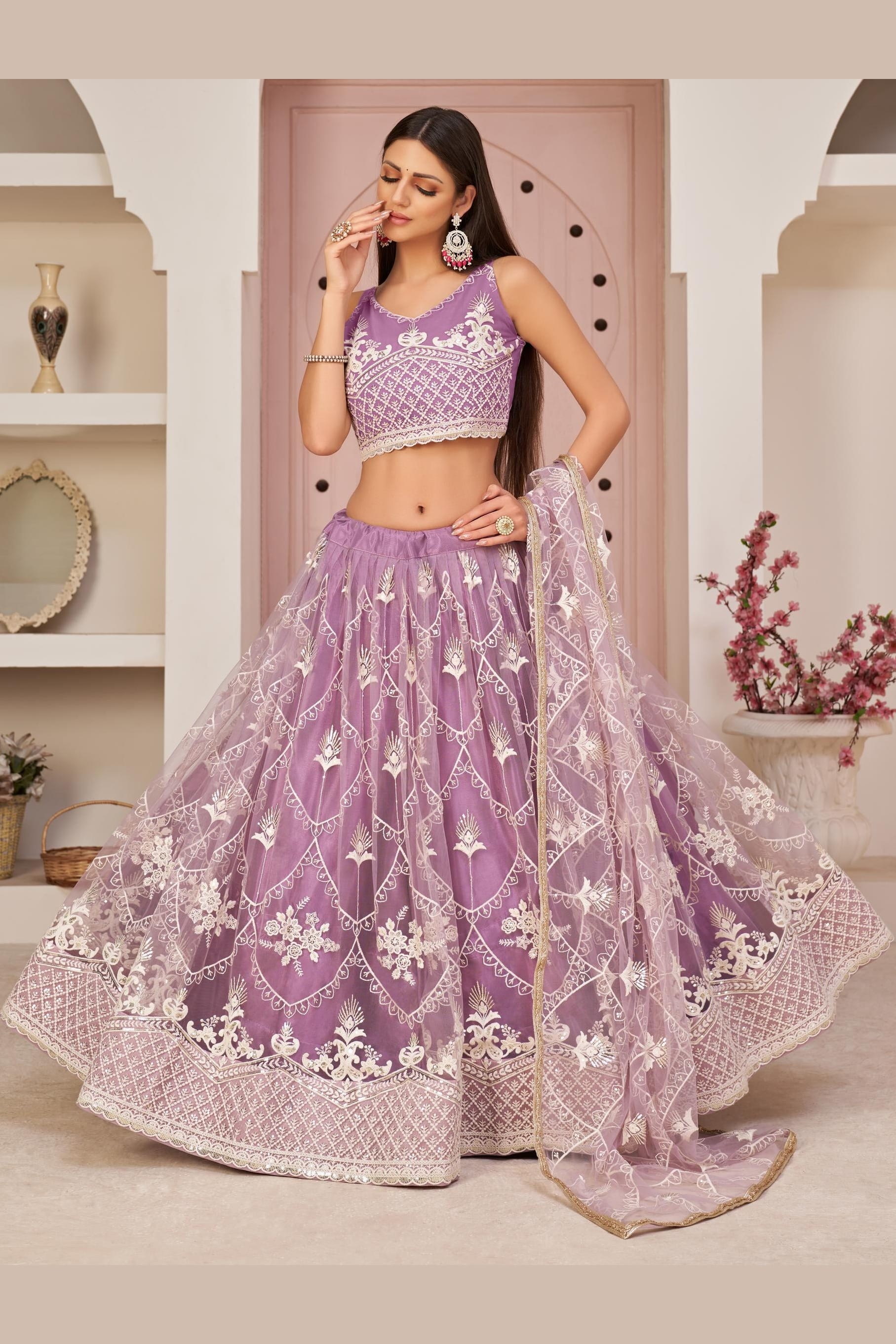 Light Purple Net Lehenga Choli For Indian & Pakistani Wedding Festival - Thread & Sequence Embroidery Work, Zari Work