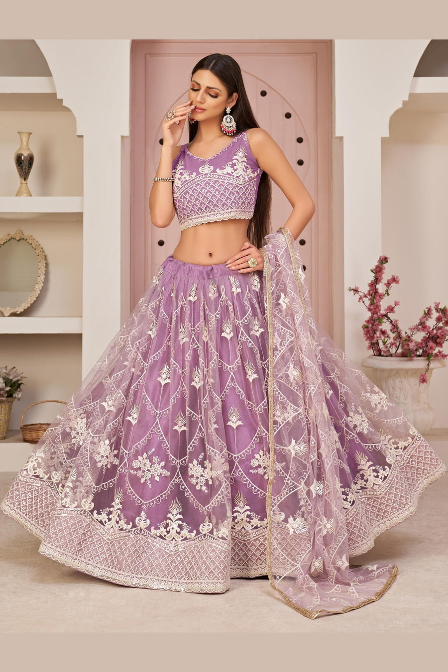 Light Purple Net Lehenga Choli For Indian & Pakistani Wedding Festival - Thread & Sequence Embroidery Work, Zari Work