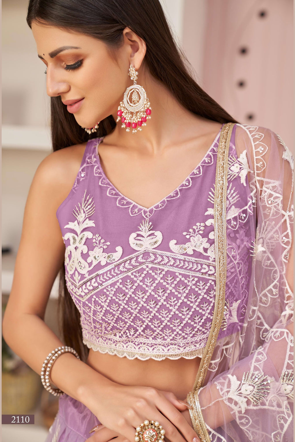 Light Purple Net Lehenga Choli For Indian & Pakistani Wedding Festival - Thread & Sequence Embroidery Work, Zari Work