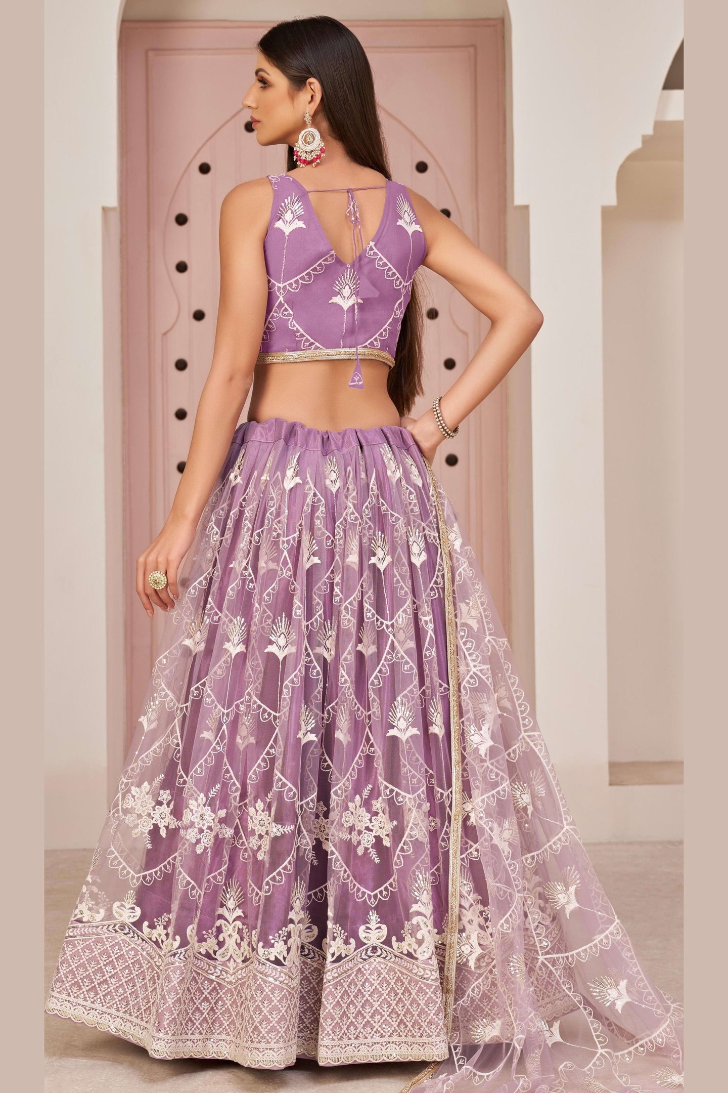 Light Purple Net Lehenga Choli For Indian & Pakistani Wedding Festival - Thread & Sequence Embroidery Work, Zari Work