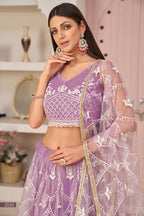 Purple Net Lehenga Choli For Indian & Pakistani Wedding Festival - Thread & Sequence Embroidery Work, Zari Work