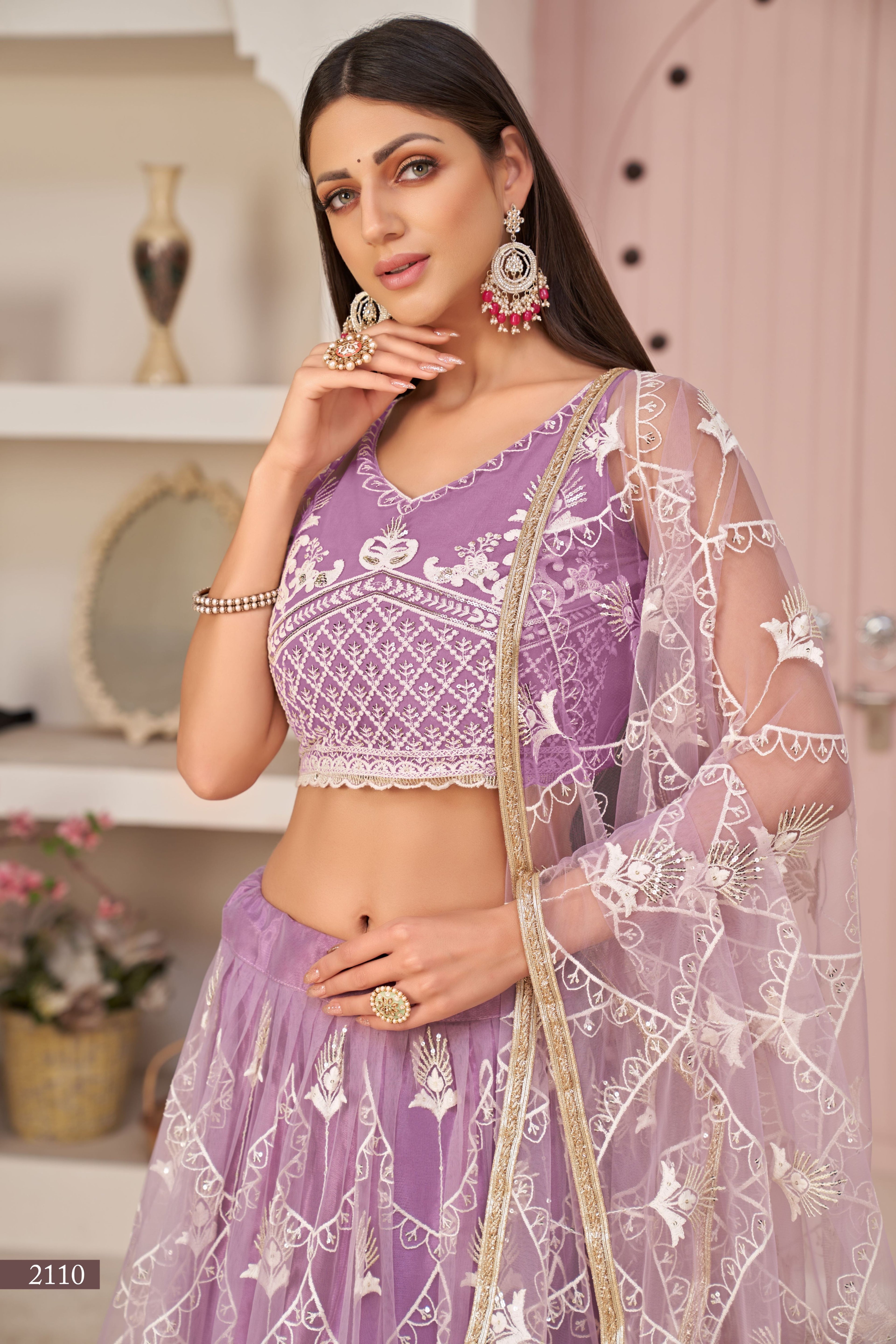 Purple Net Lehenga Choli For Indian & Pakistani Wedding Festival - Thread & Sequence Embroidery Work, Zari Work