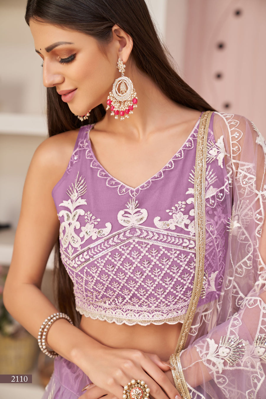 Purple Net Lehenga Choli For Indian & Pakistani Wedding Festival - Thread & Sequence Embroidery Work, Zari Work