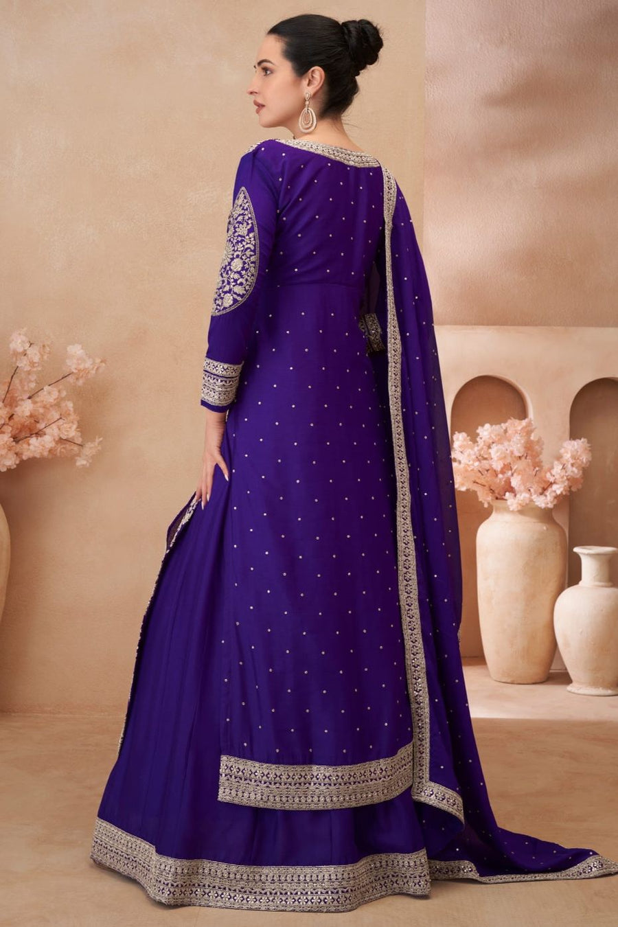 Purple Chinon Silk Kameez With Skirt For Indian & Pakistani Wedding Festival - Embroidery Work