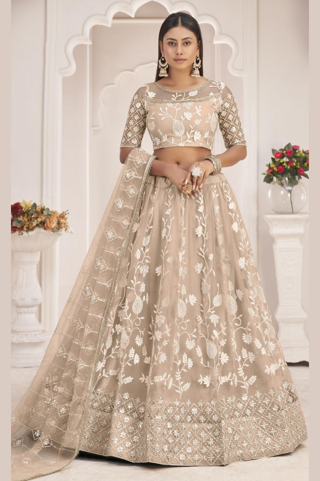 Beige Net Lehenga Choli For Indian & Pakistani Wedding Festival - Zari Work, Thread & Sequins Embroidery Work