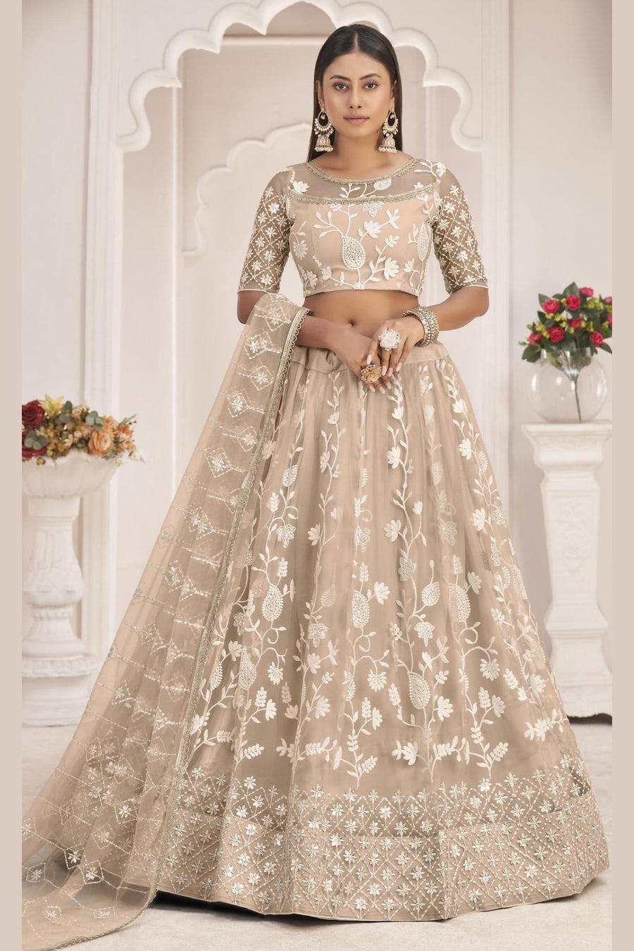 Beige Net Lehenga Choli For Indian & Pakistani Wedding Festival - Zari Work, Thread & Sequins Embroidery Work