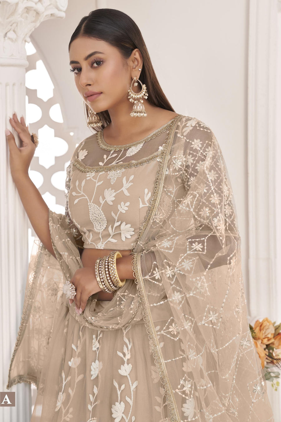 Beige Net Lehenga Choli For Indian & Pakistani Wedding Festival - Zari Work, Thread & Sequins Embroidery Work