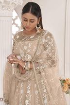 Beige Net Lehenga Choli For Indian & Pakistani Wedding Festival - Zari Work, Thread & Sequins Embroidery Work