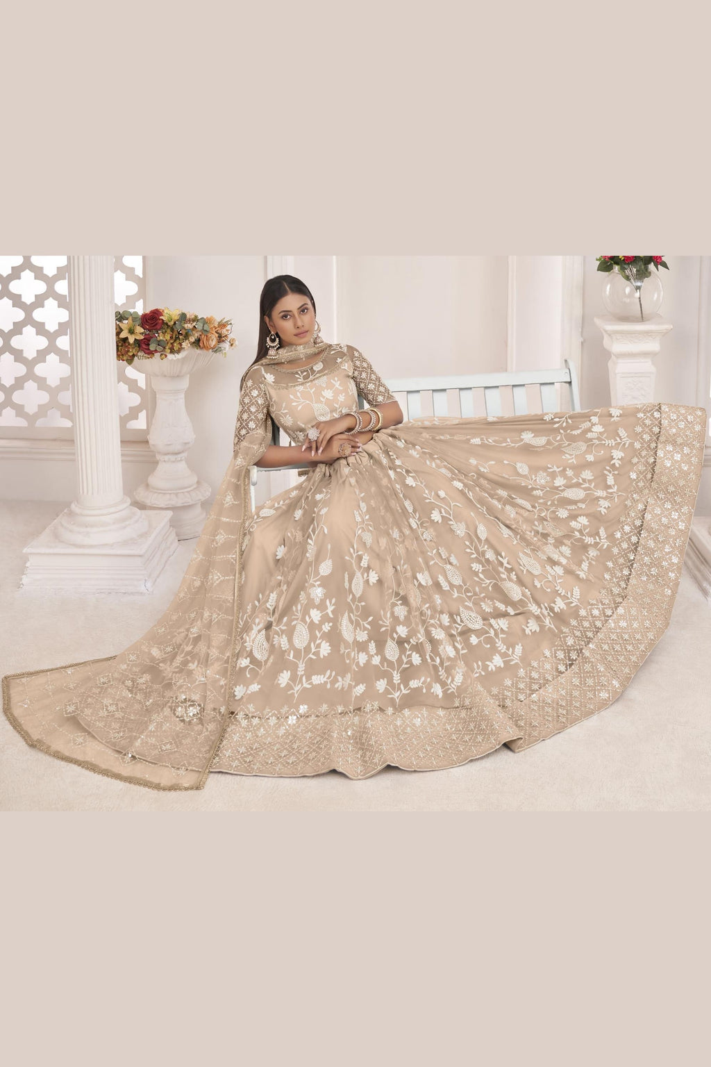 Beige Net Lehenga Choli For Indian & Pakistani Wedding Festival - Zari Work, Thread & Sequins Embroidery Work