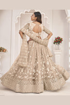 Beige Net Lehenga Choli For Indian & Pakistani Wedding Festival - Zari Work, Thread & Sequins Embroidery Work