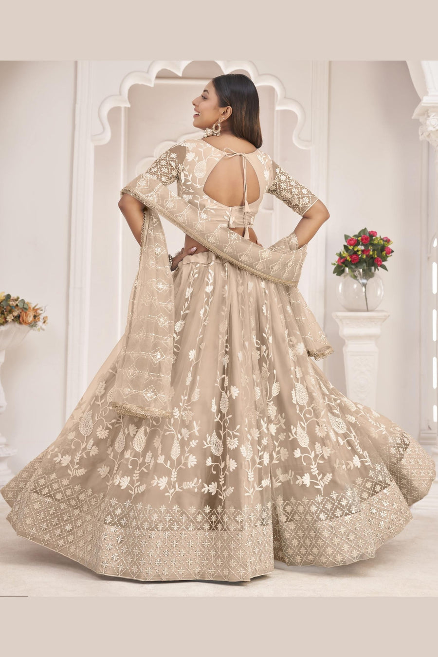 Beige Net Lehenga Choli For Indian & Pakistani Wedding Festival - Zari Work, Thread & Sequins Embroidery Work