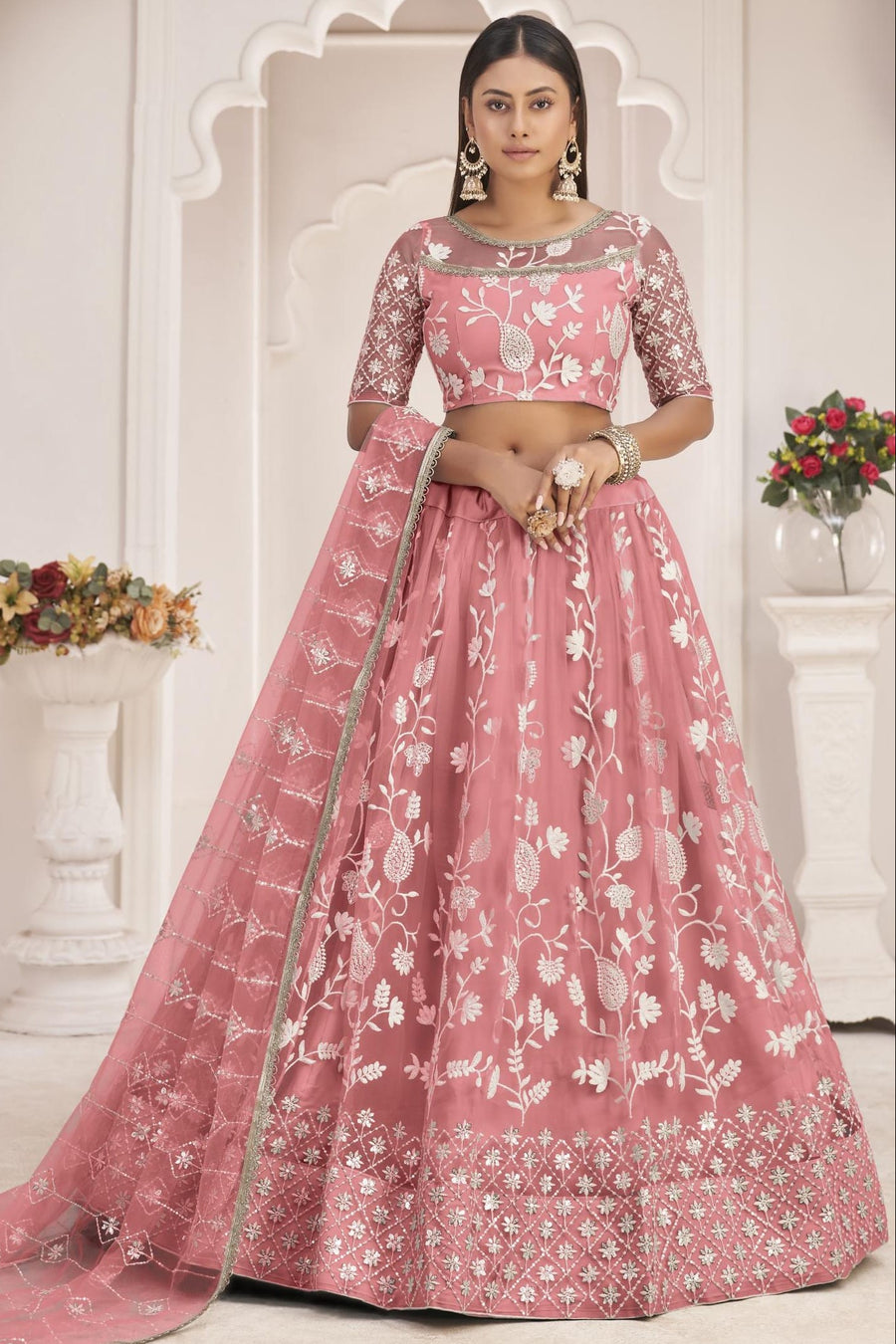 Pink Net Lehenga Choli For Indian & Pakistani Wedding Festival - Zari Work, Thread & Sequins Embroidery Work