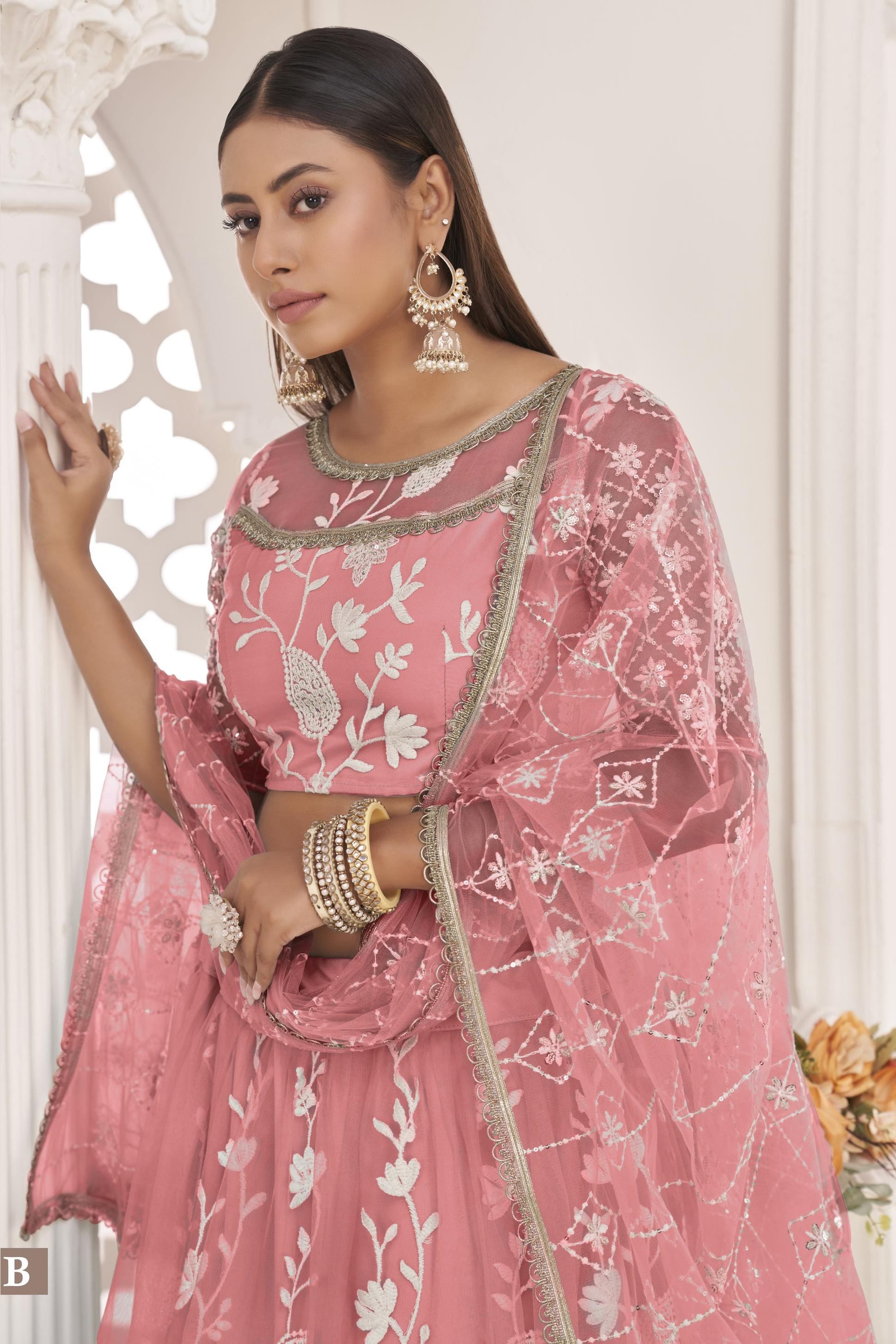 Pink Net Lehenga Choli For Indian & Pakistani Wedding Festival - Zari Work, Thread & Sequins Embroidery Work