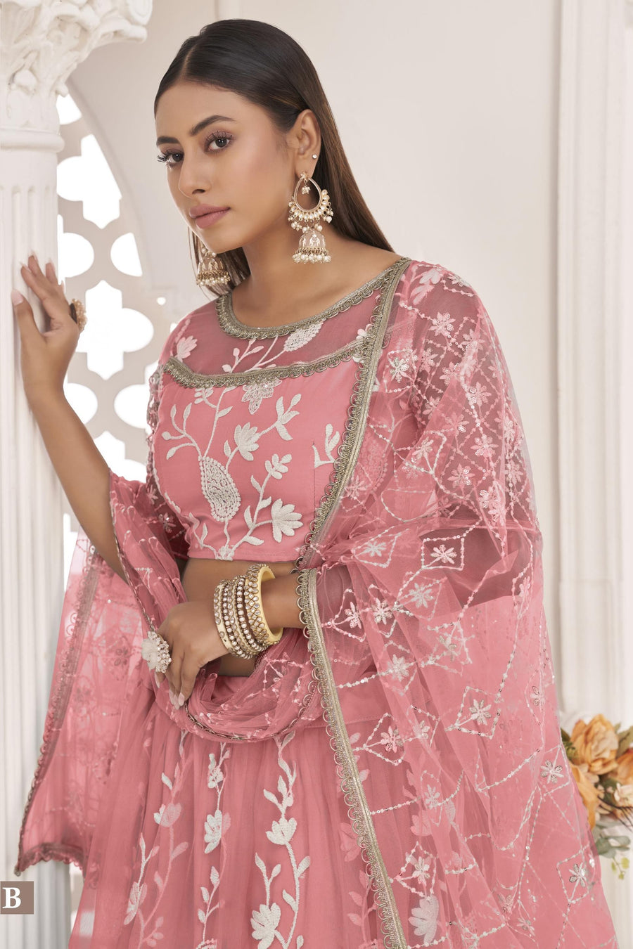 Pink Net Lehenga Choli For Indian & Pakistani Wedding Festival - Zari Work, Thread & Sequins Embroidery Work