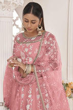 Pink Net Lehenga Choli For Indian & Pakistani Wedding Festival - Zari Work, Thread & Sequins Embroidery Work