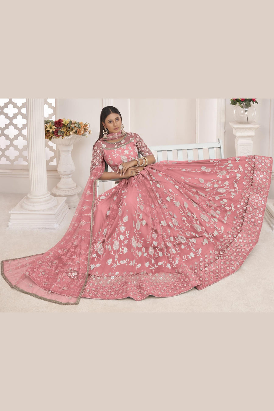 Pink Net Lehenga Choli For Indian & Pakistani Wedding Festival - Zari Work, Thread & Sequins Embroidery Work