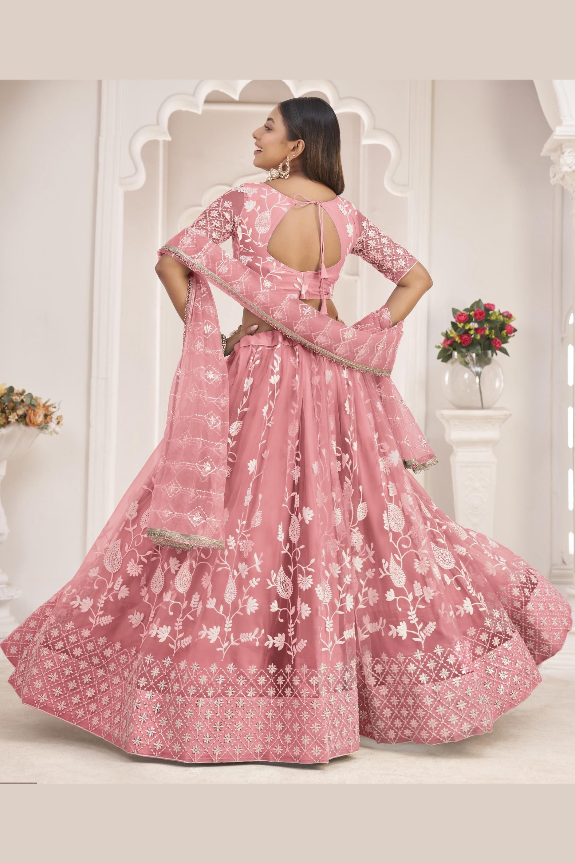 Pink Net Lehenga Choli For Indian & Pakistani Wedding Festival - Zari Work, Thread & Sequins Embroidery Work