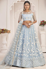 Light Sky Blue Net Lehenga Choli For Indian & Pakistani Wedding Festival - Zari Work, Thread & Sequins Embroidery Work