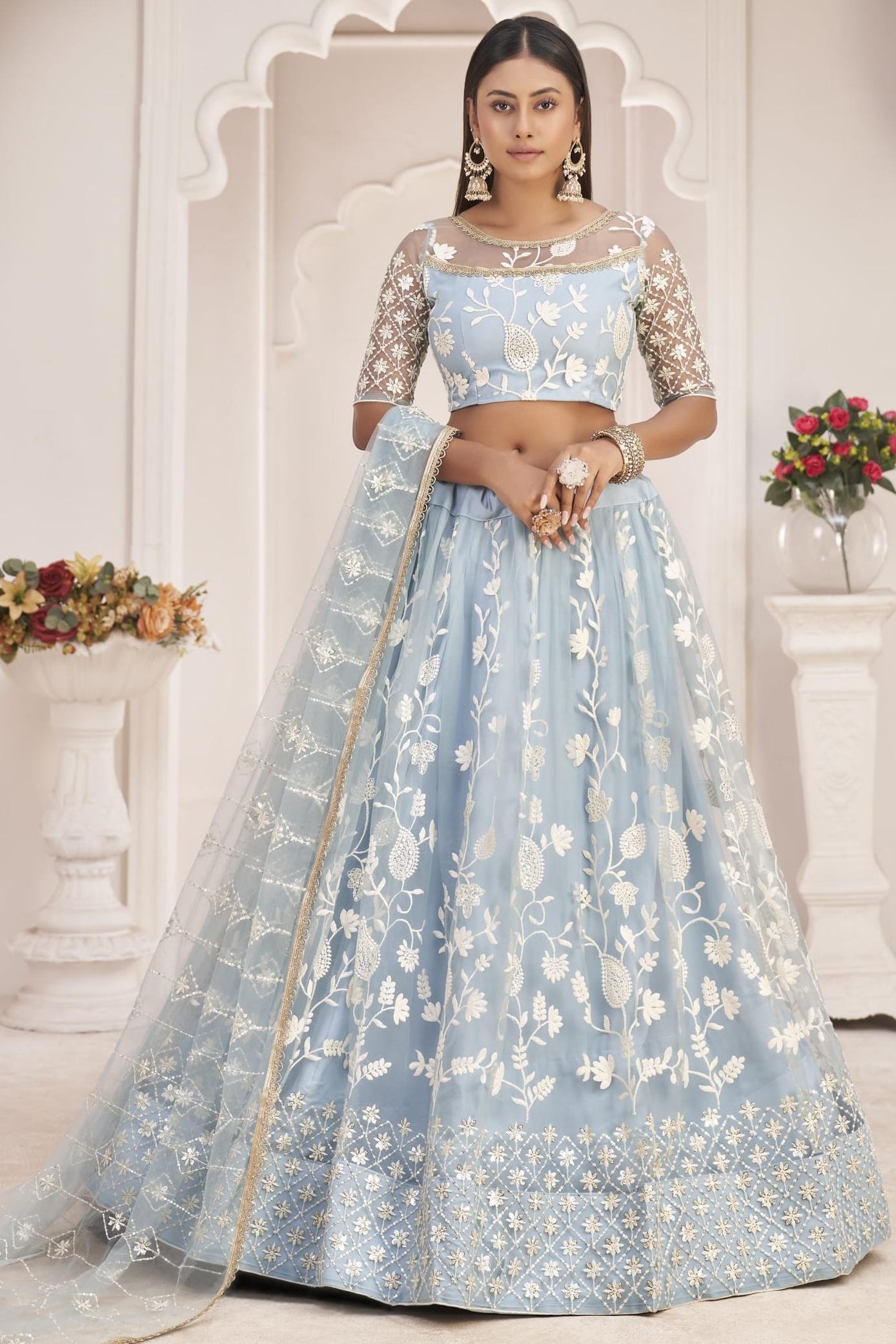 Light Sky Blue Net Lehenga Choli For Indian & Pakistani Wedding Festival - Zari Work, Thread & Sequins Embroidery Work