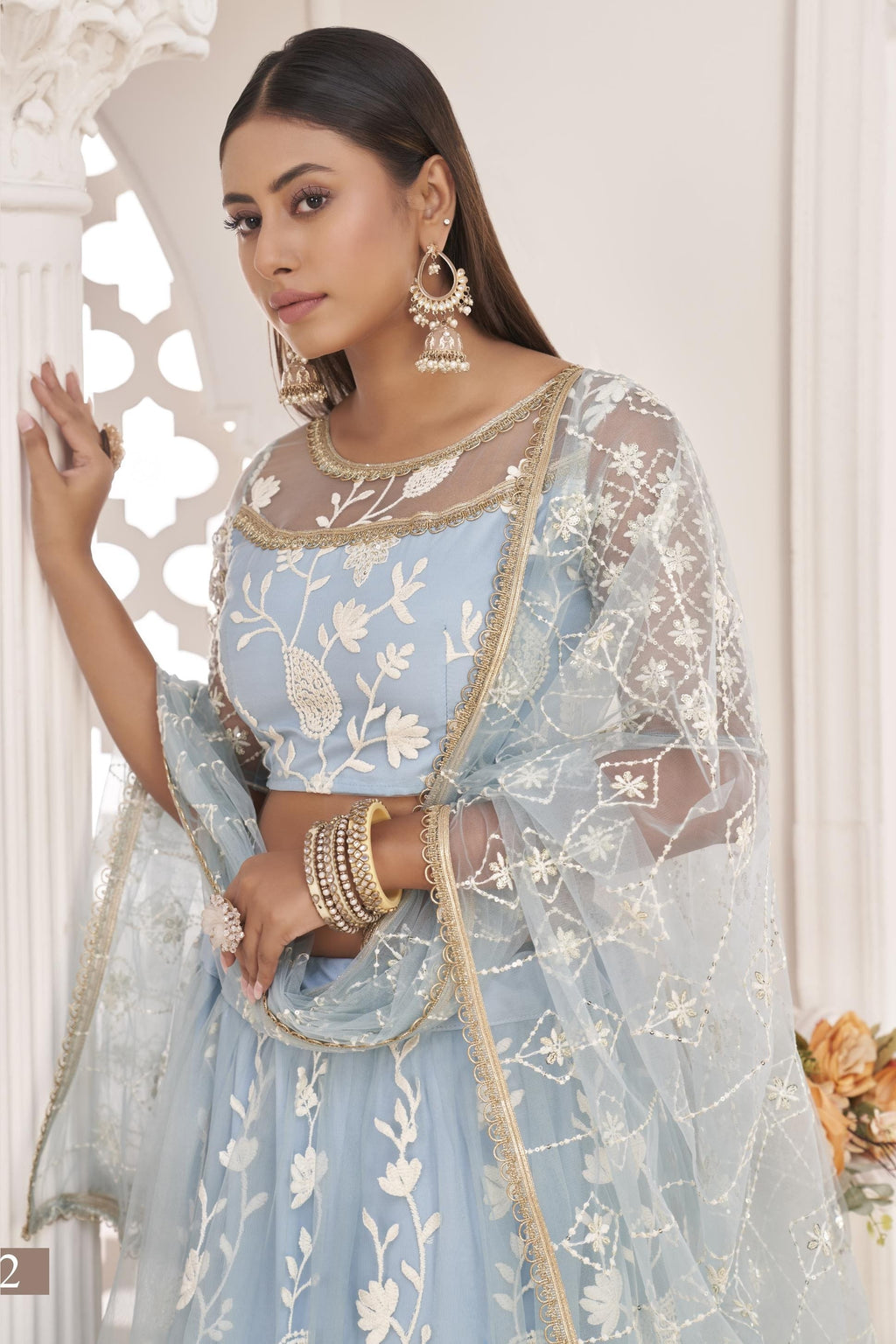 Light Sky Blue Net Lehenga Choli For Indian & Pakistani Wedding Festival - Zari Work, Thread & Sequins Embroidery Work