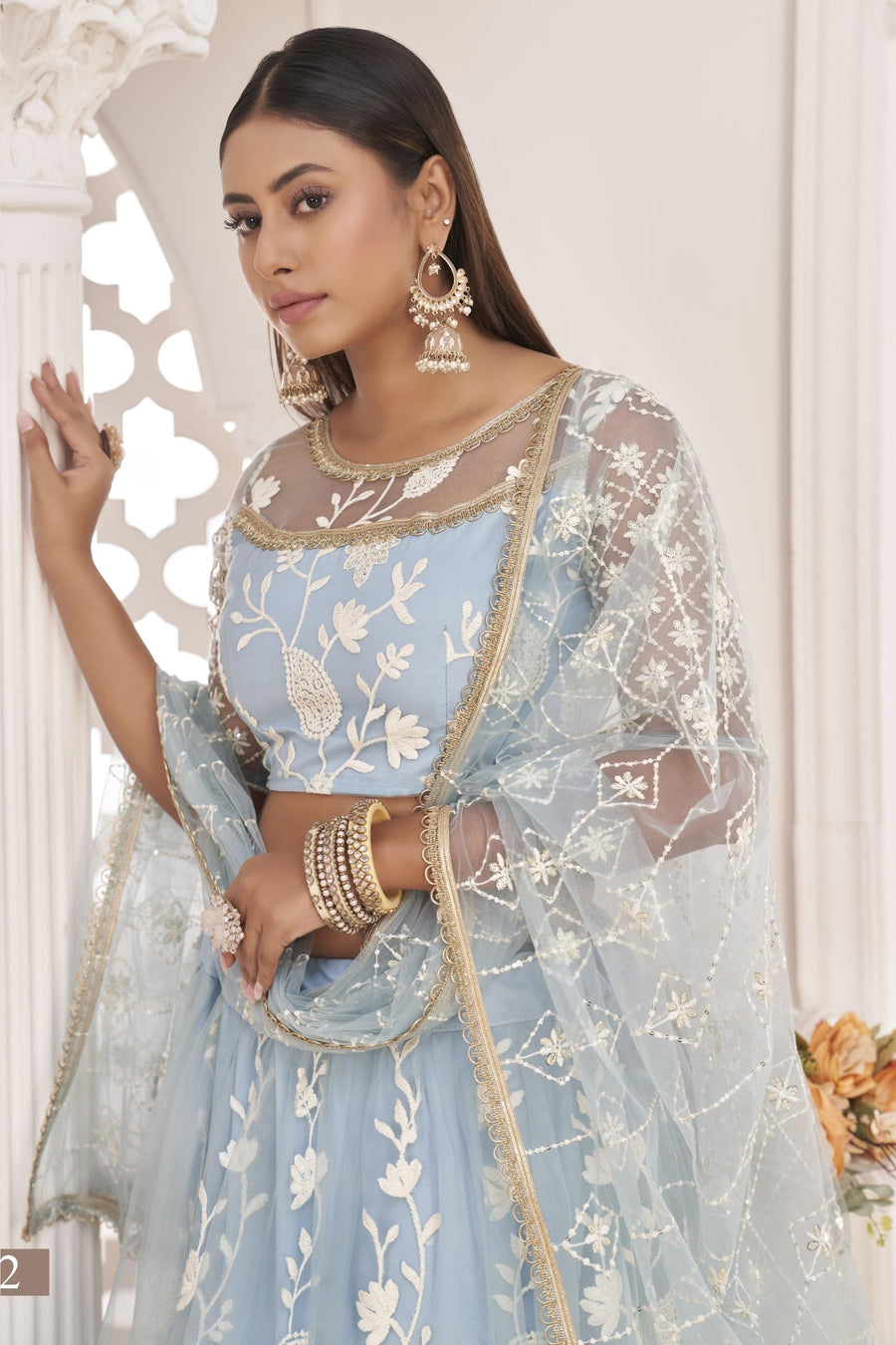 Light Sky Blue Net Lehenga Choli For Indian & Pakistani Wedding Festival - Zari Work, Thread & Sequins Embroidery Work